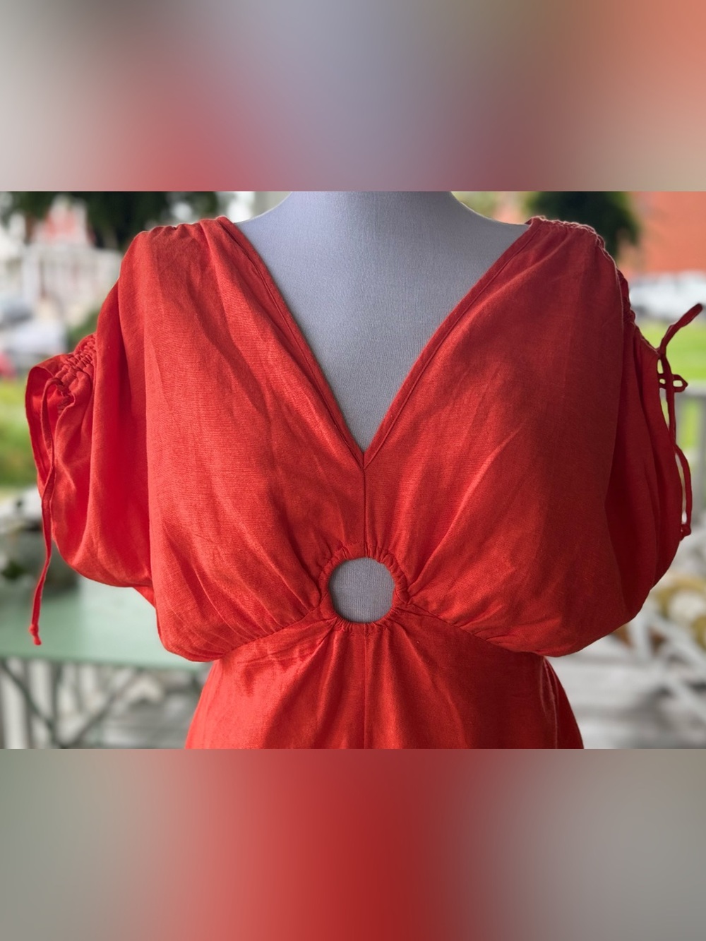 Sincerely Jules Coral‑Red Linen Maxi Dress w/ Center Cutout – Sz M - Picture 2 of 8